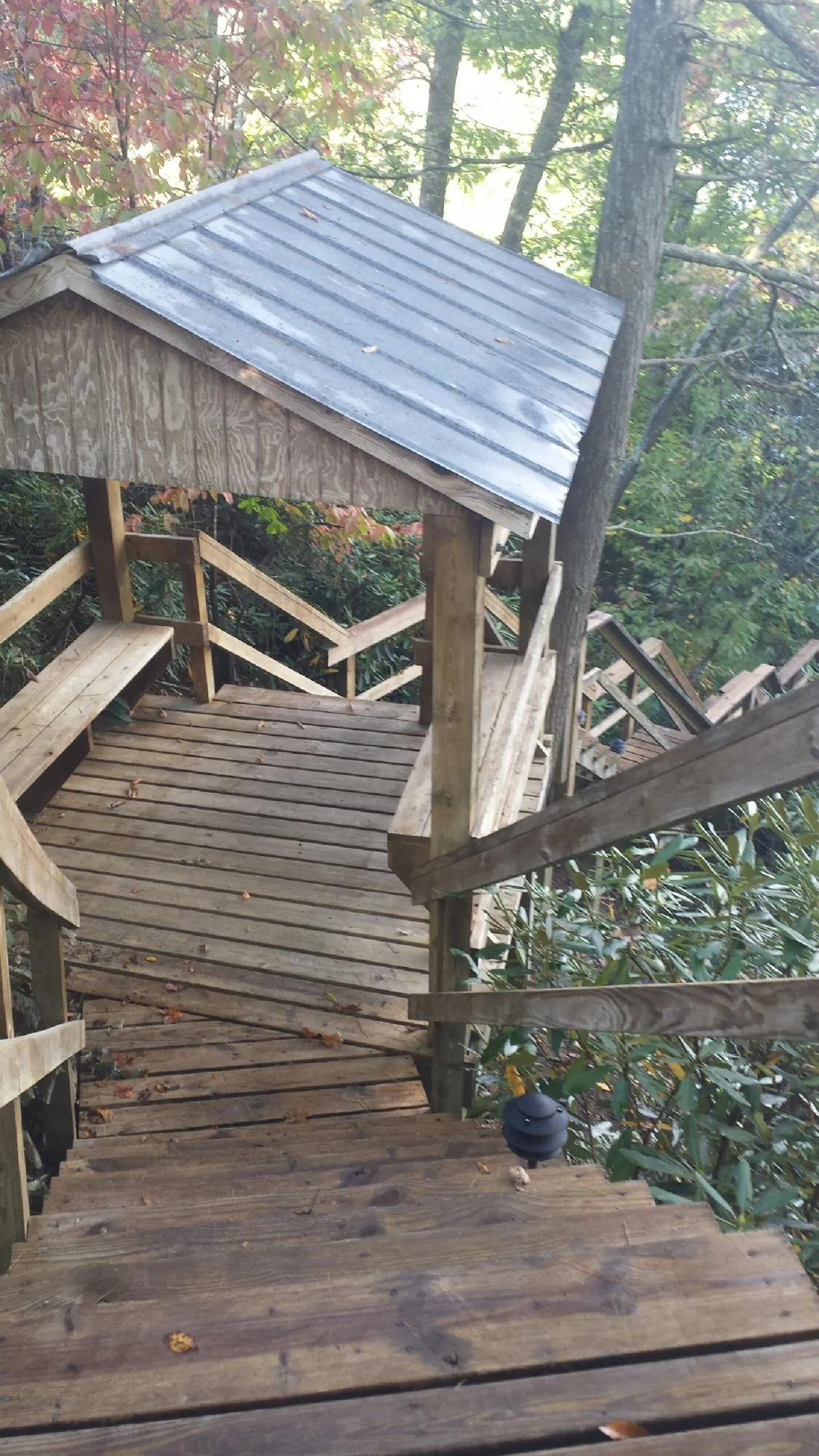 Metal roofed shelter over wooden steps on a wooded walkway — Skylight Repair & Installation work by our crew in Wind Ridge